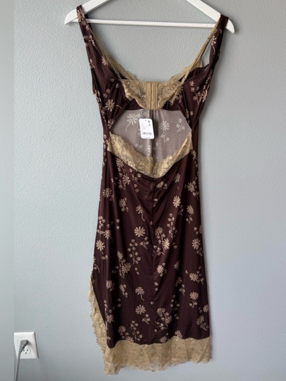 Free People brown floral tan lace Party Crasher slip midi dress Women’s sz S NWT - Picture 3 of 4